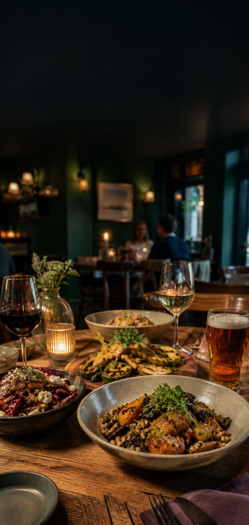 Warm Keswick restaurant table with seasonal dishes and drinks